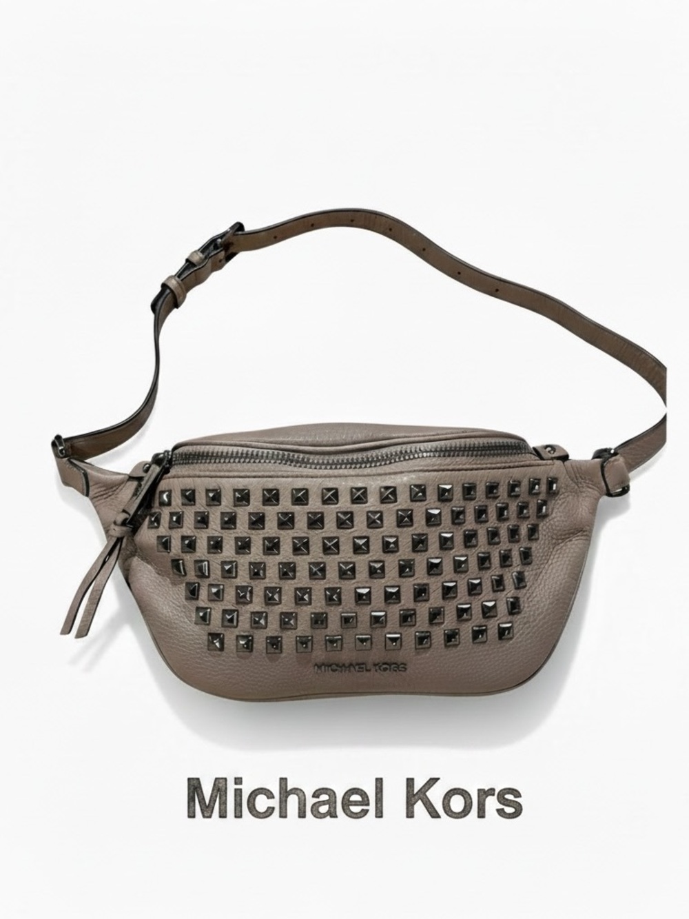 Michael Kors Rhea Zip Studded Belt Bag Fanny Pack Cement Taupe Pebbled Leather